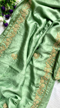 Sage green pure mulberry silk saree with zardozi hand embroidery - 1