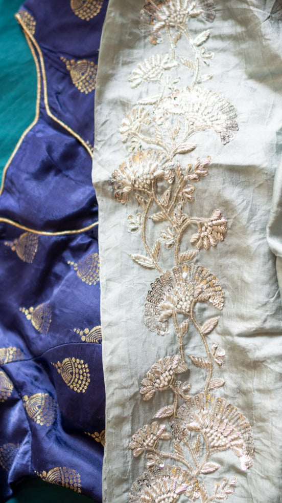 Monsoon sky zardozi saree: Pure mulberry silk saree with zardozi and sequins hand embroidery. - 2