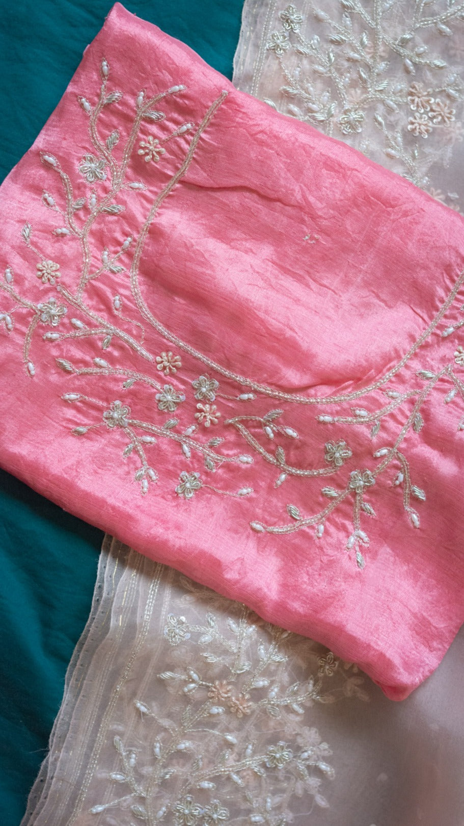 Peach Pink Ayana : Pure organza silk saree with zardozi pearl and french knots hand embroidery. - 3