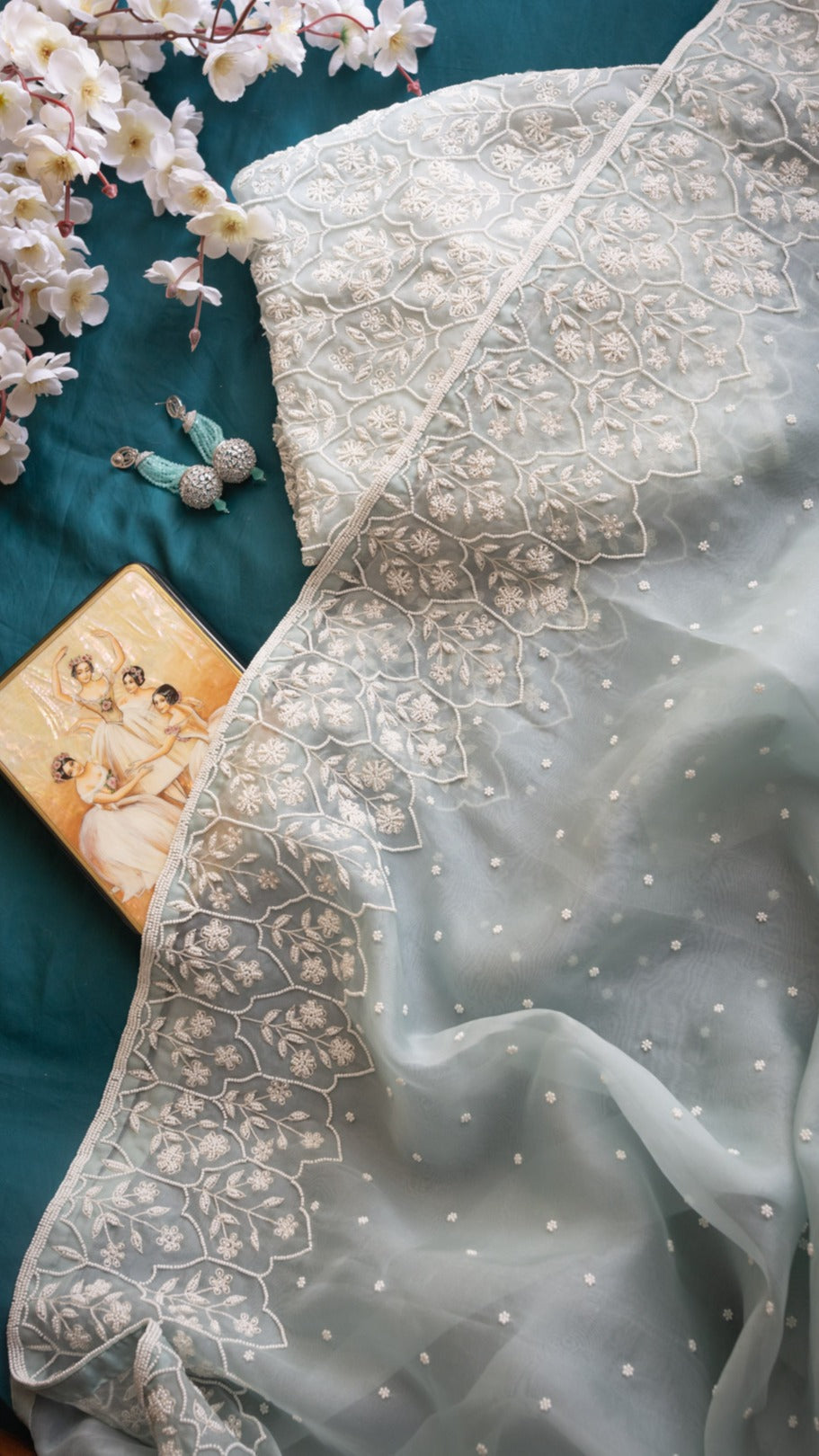 Sea Green Jharokha : Pure organza silk saree with pearl hand embroidery - 1