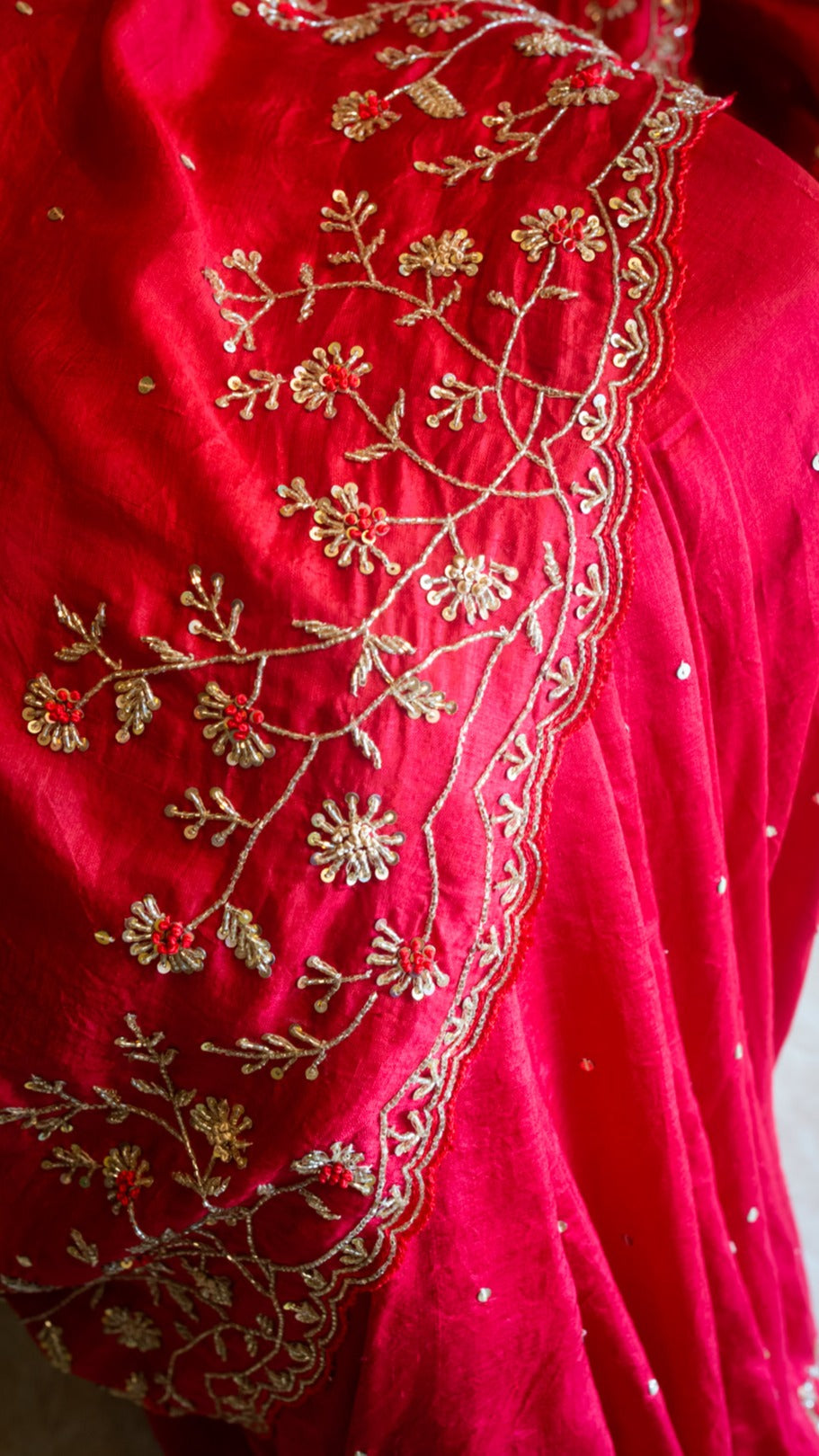 Sindoori: Pure mulberry silk saree with cutdana and resham hand embroidery - 2