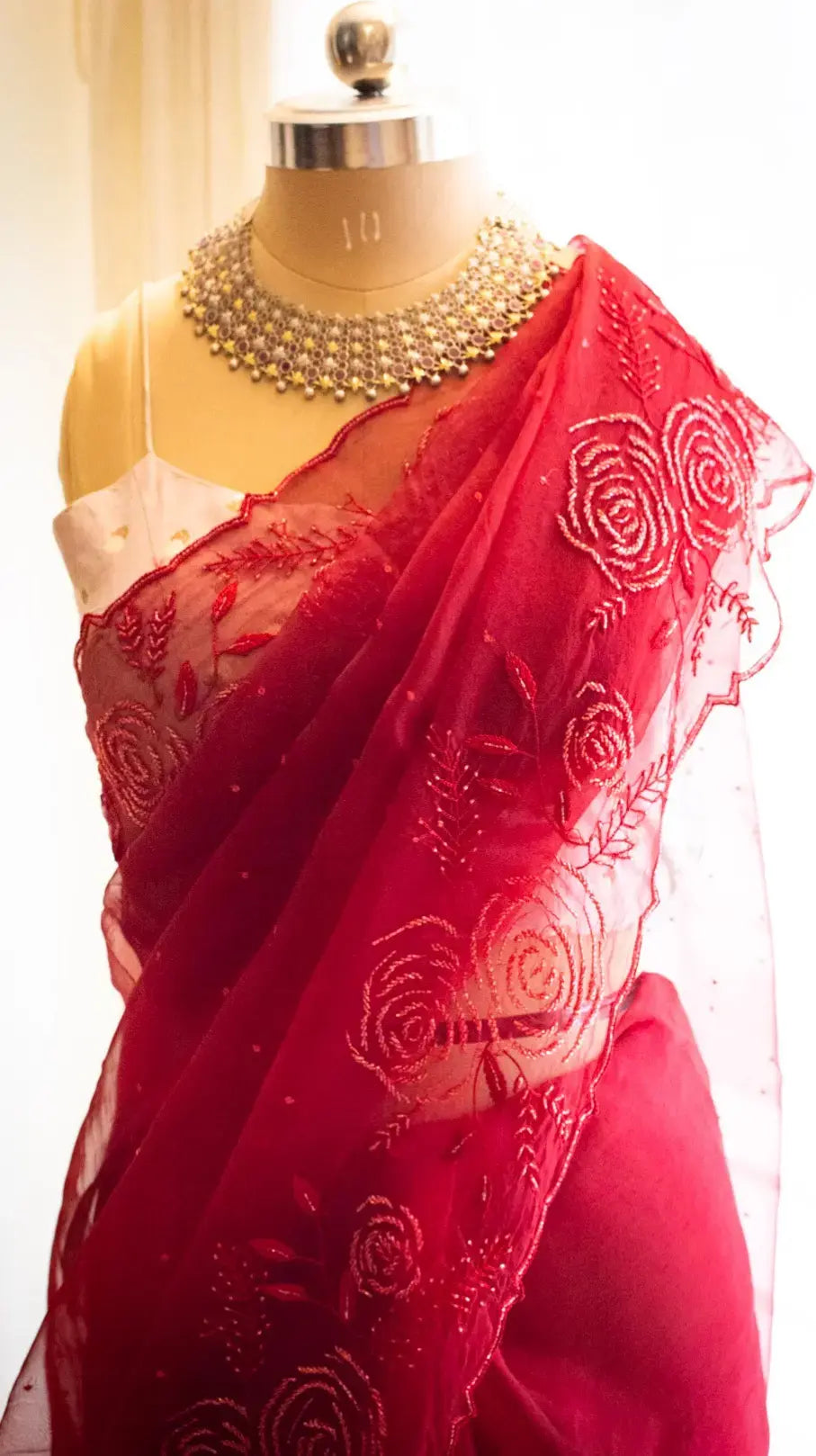 Red gulaab saree with cutdana and resham hand embroidery . - 2