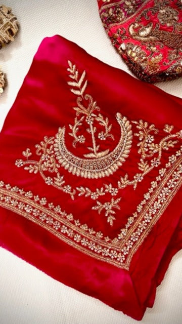 Deep magenta  pure crepe silk saree with zardozi hand embroidery - 1