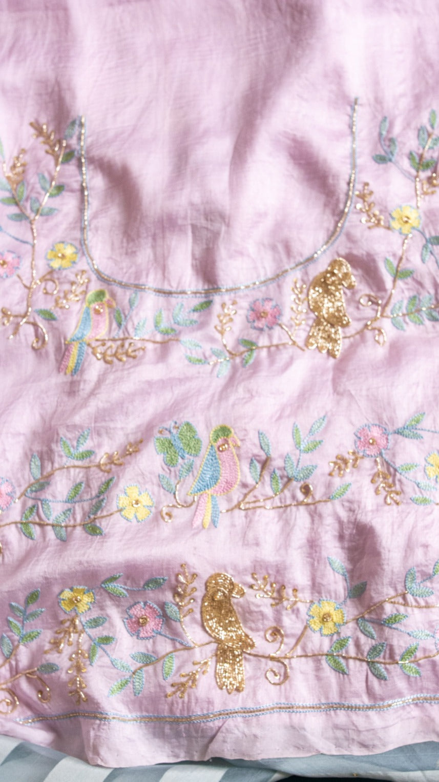 Bird saree: Pure silk organza striped saree with resham cutdana and zardozi hand embroidery - 3