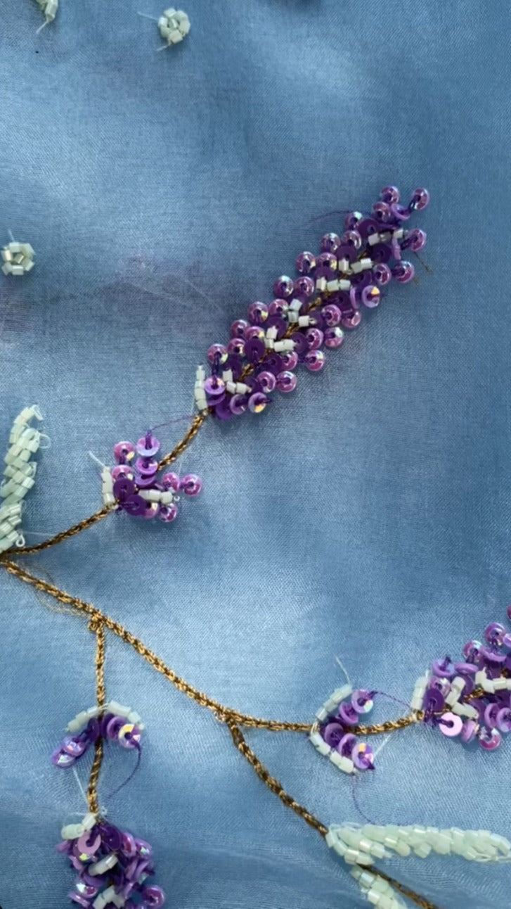 Lavender Fields: Pure organza silk saree with sequins and cut dana hand embroidery - 2