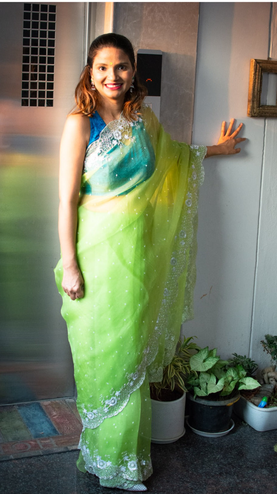Neon green pure organza silk saree with sequins cutdana and pearl hand embroidery - 3