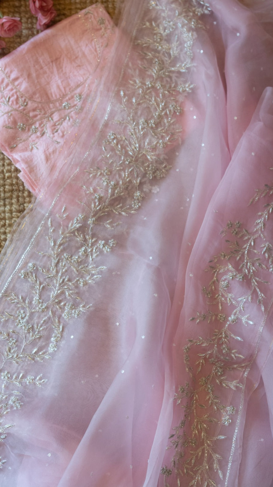 Pink ayana : Pink pure organza silk saree with zardozi pearl and cutdana hand embroidery - 1