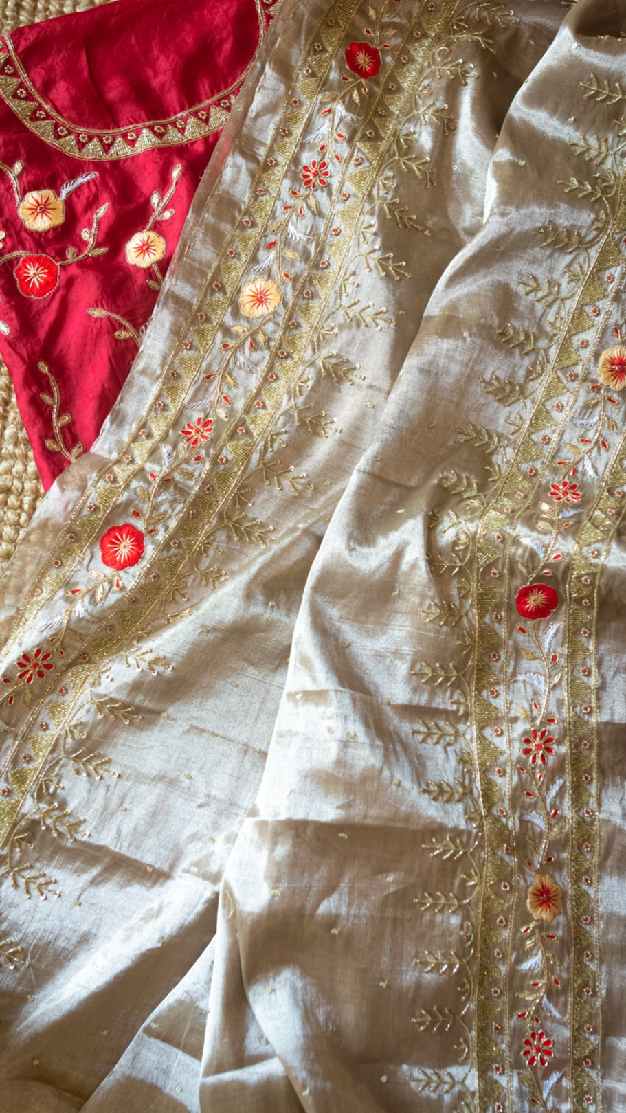 Goldrush: Pure tissue silk saree with zardozi, cutdana and resham hand embroidery - 1