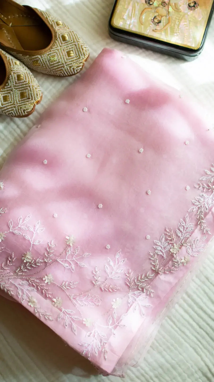 Marjaan saree: Pink pure organza silk saree with pearl and sequins hand embroidery - 1