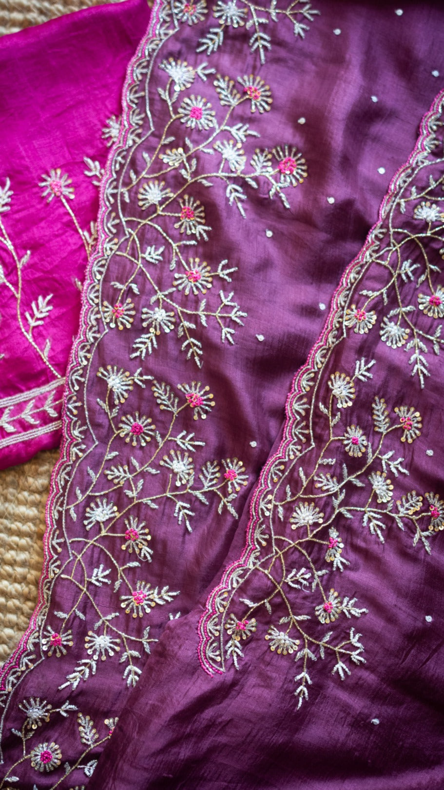 Plum Kasani : Pure mulberry silk saree with pearl and cutdana hand embroidery - 1