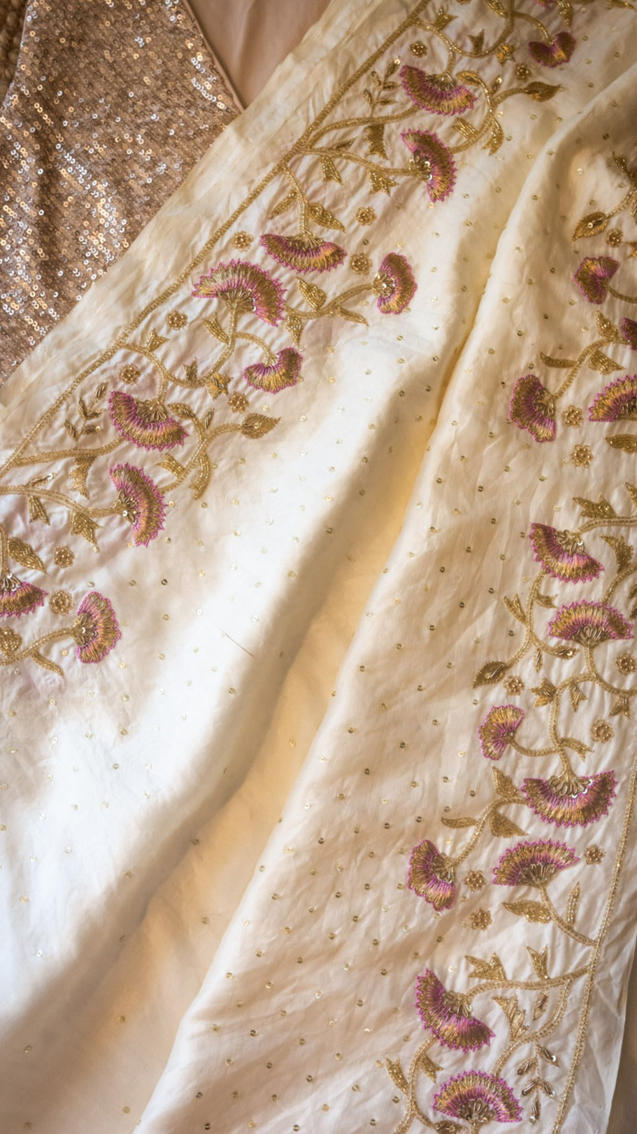 Off white Noor saree: Pure mulberry silk saree with zardozi, resham and cut dana hand embroidery - 1