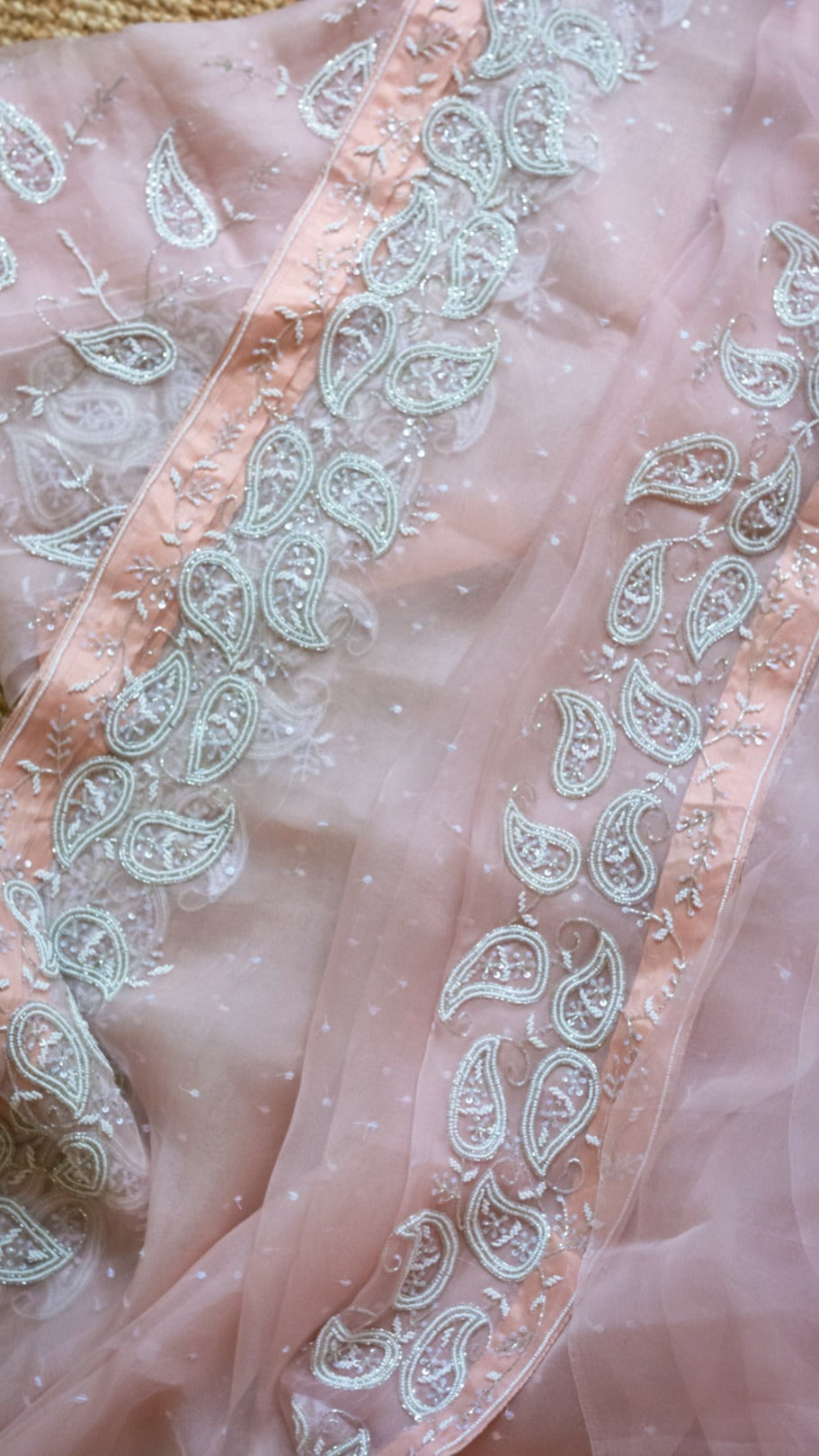 Peachy Kairi : The pure organza silk saree with pearl and cutdana hand embroidery - 1