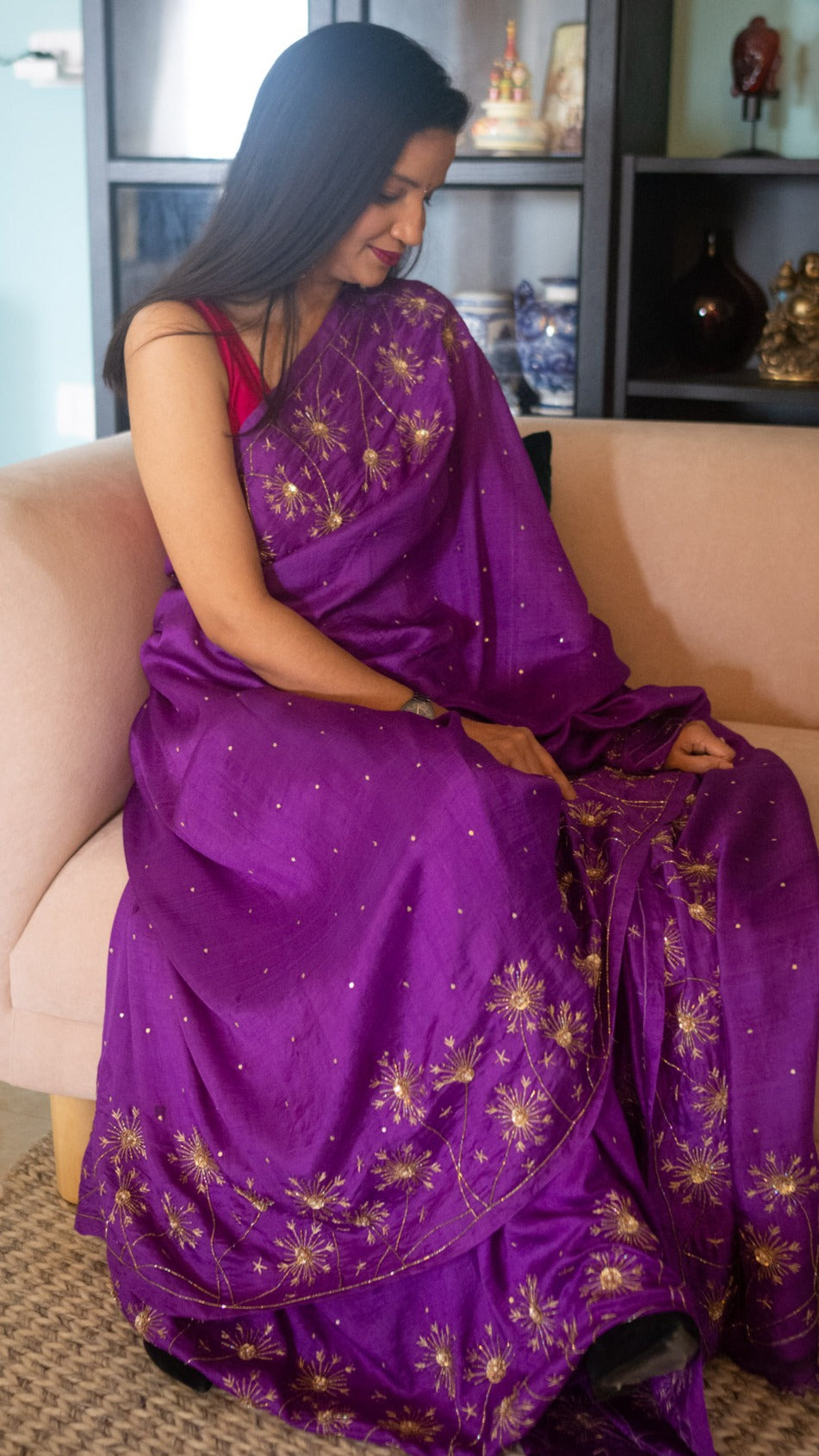 Purple Dandelion Pure mulberry silk saree with zardozi and aari hand embroidery. - 4