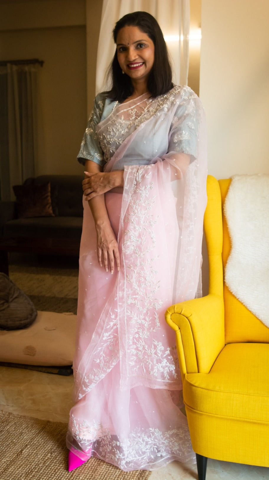 Pink ayana : Pink pure organza silk saree with zardozi pearl and cutdana hand embroidery - 4