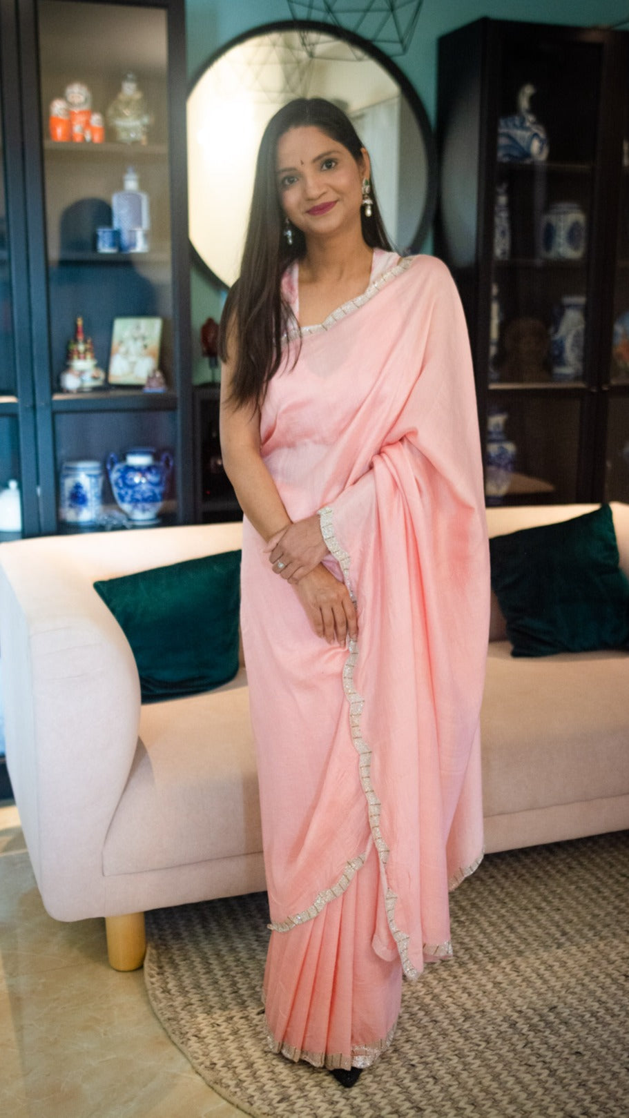 Peach Crescent : Pure mulberry silk saree with cutdana hand embroidery - 2