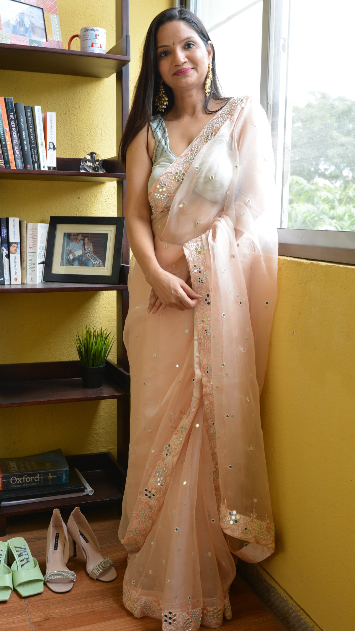 Peach Aarsi : Pure organza silk saree with mirror hand embroidery - 1