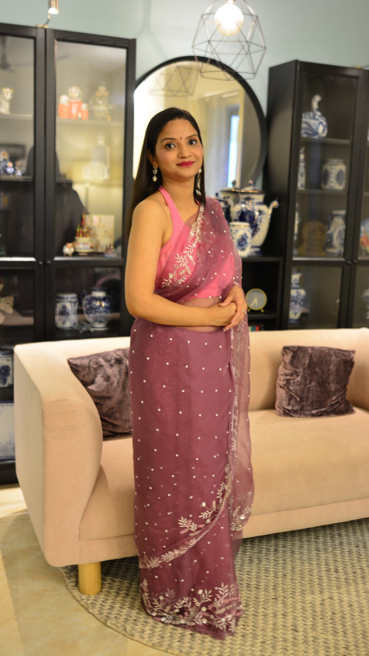 Mauve Marjaan : Pure organza silk saree with pearl and sequins hand embroidery. - 2