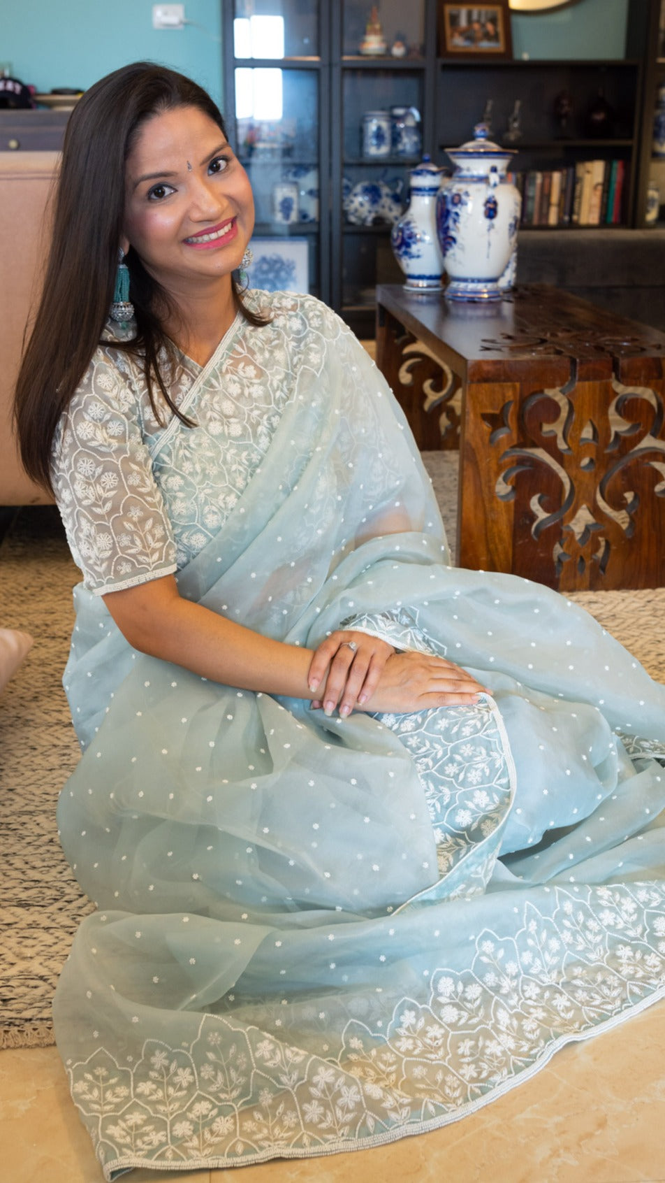 Sea Green Jharokha : Pure organza silk saree with pearl hand embroidery - 2