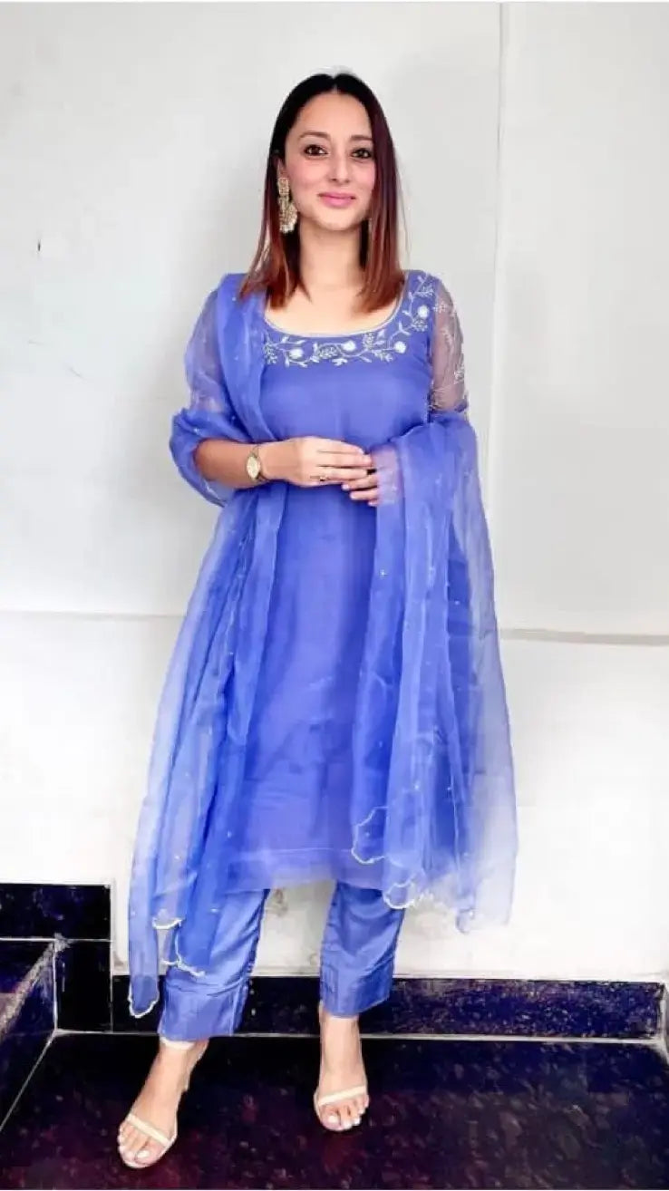 Periwinkle pure organza silk semi stitched kurta and dupatta set with hand embroidery - 1