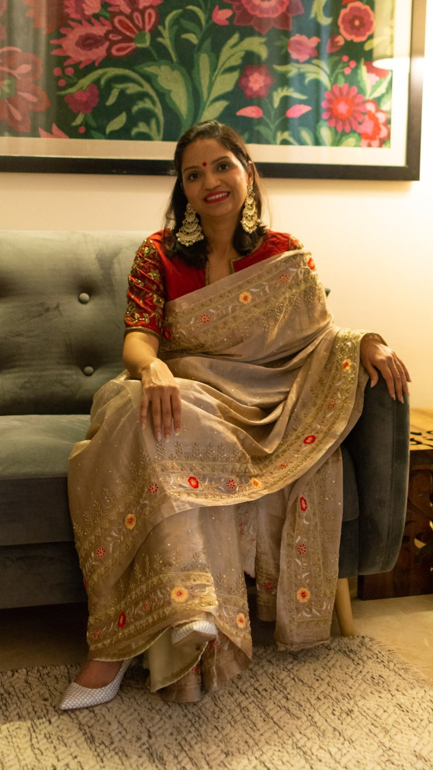 Goldrush: Pure tissue silk saree with zardozi, cutdana and resham hand embroidery - 3