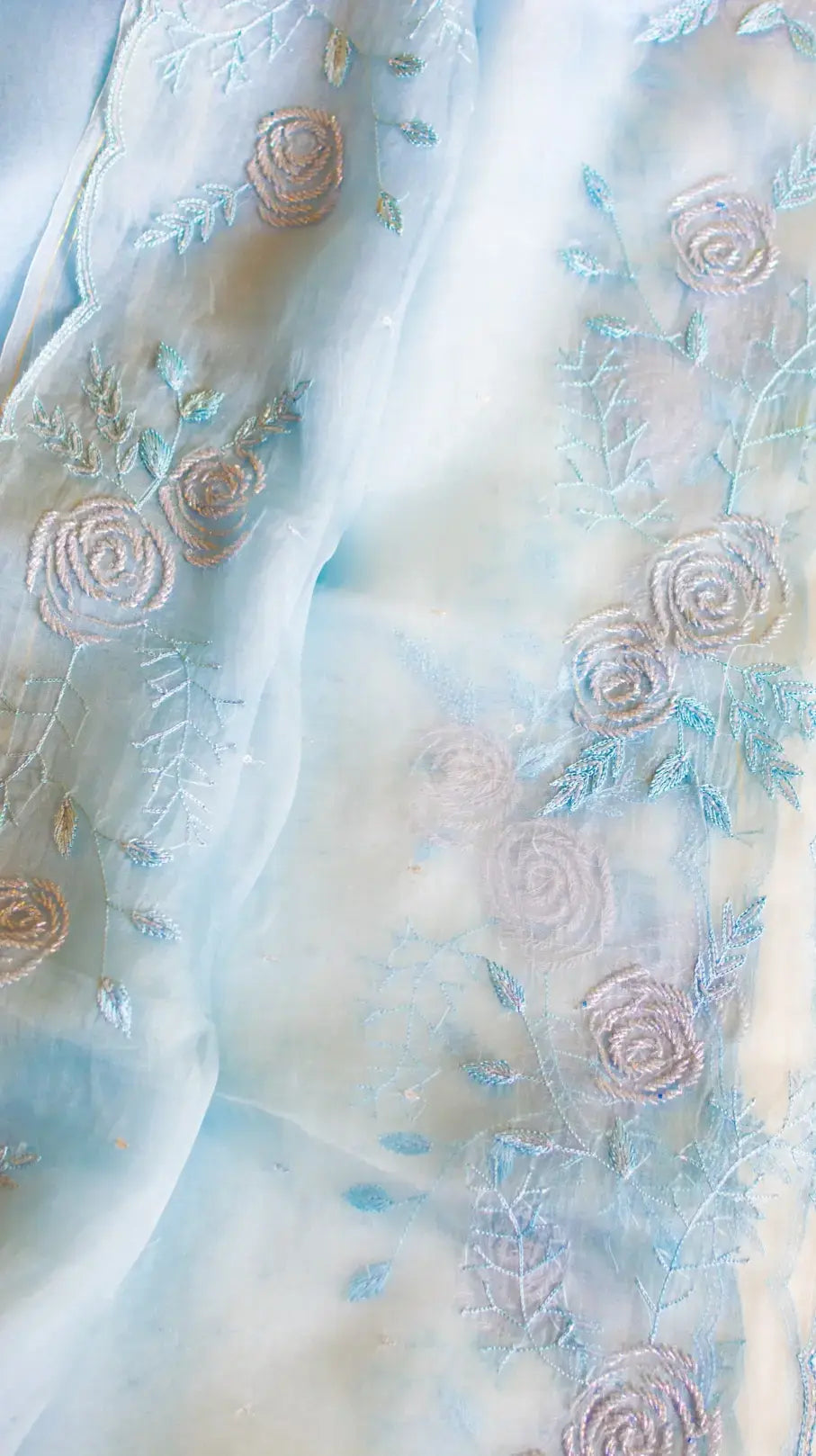 Ice blue gulaab saree : Pure organza silk saree with cutdana and resham hand embroidery . - 2
