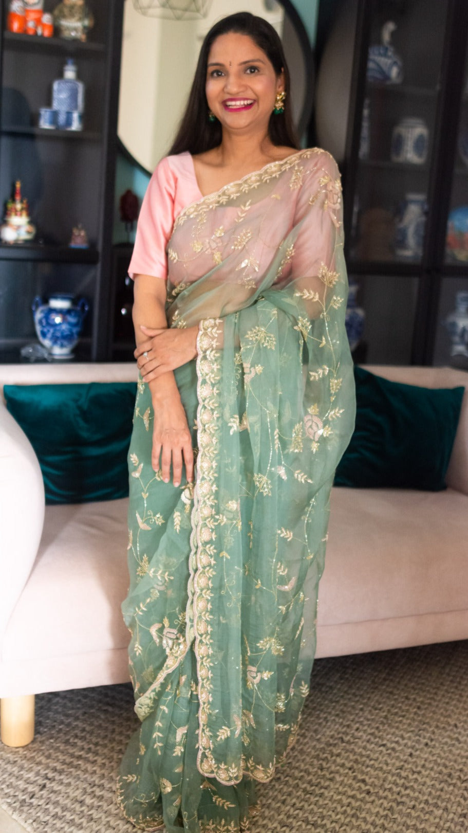 Hari Tarika : Pure organza silk saree with cutdana and sequins all over jaal hand embroidey - 3