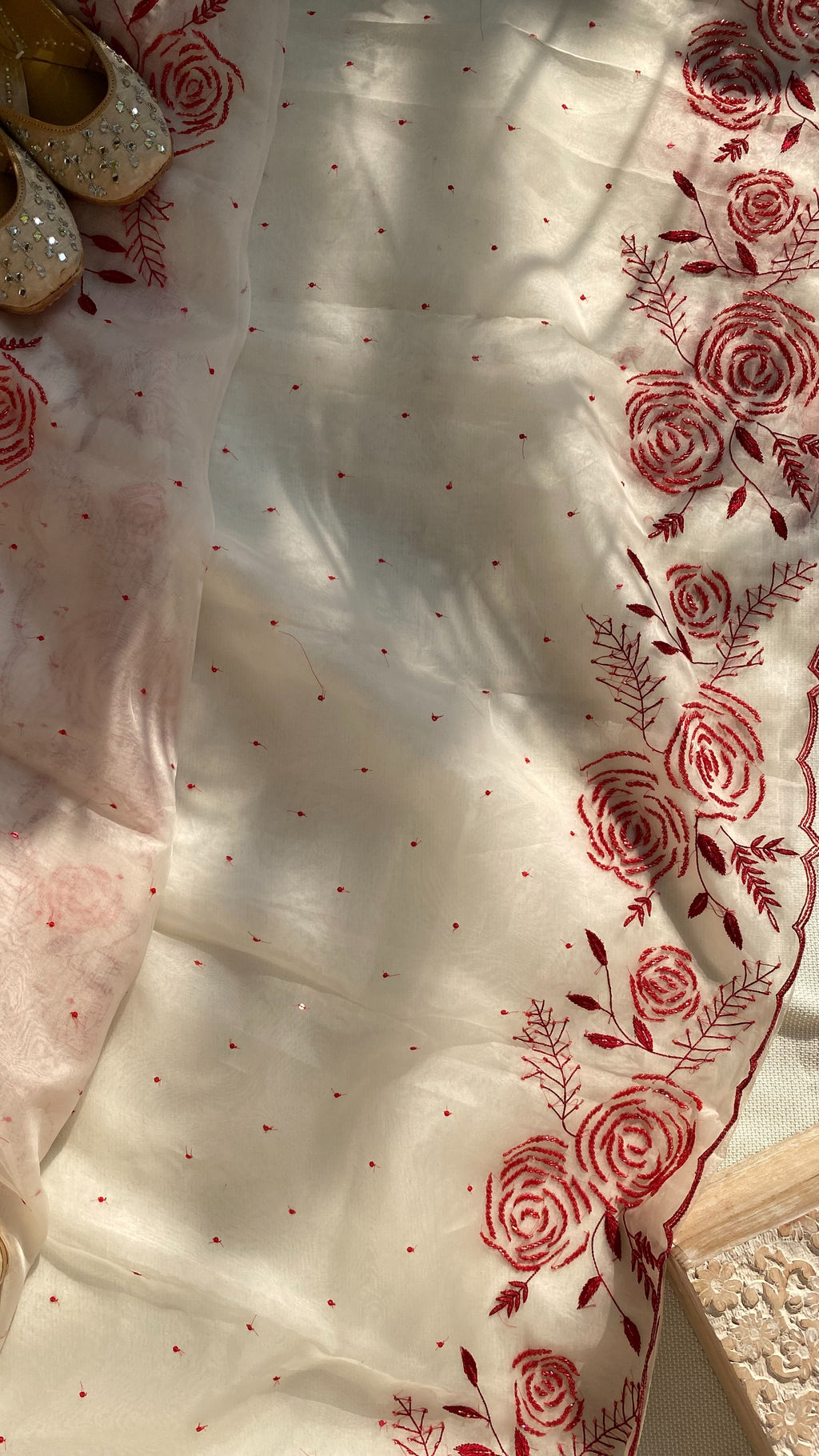 Lal Gulaab : Pure organza silk saree with cutdana and resham hand embroidery - 2
