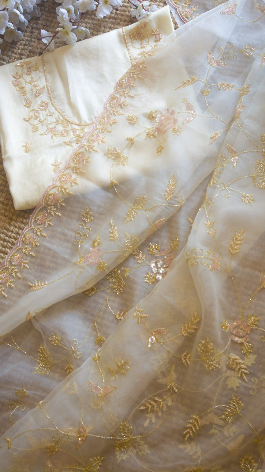 Aalia : Pure organza silk saree with all over jaal hand embroidery - 1