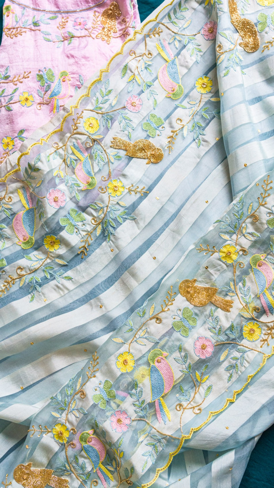 Bird saree: Pure silk organza striped saree with resham cutdana and zardozi hand embroidery - 1