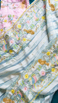Bird saree: Pure silk organza striped saree with resham cutdana and zardozi hand embroidery - 1