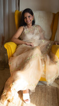 Beige ombre pure organza silk saree with tilla hand embroidery - 1