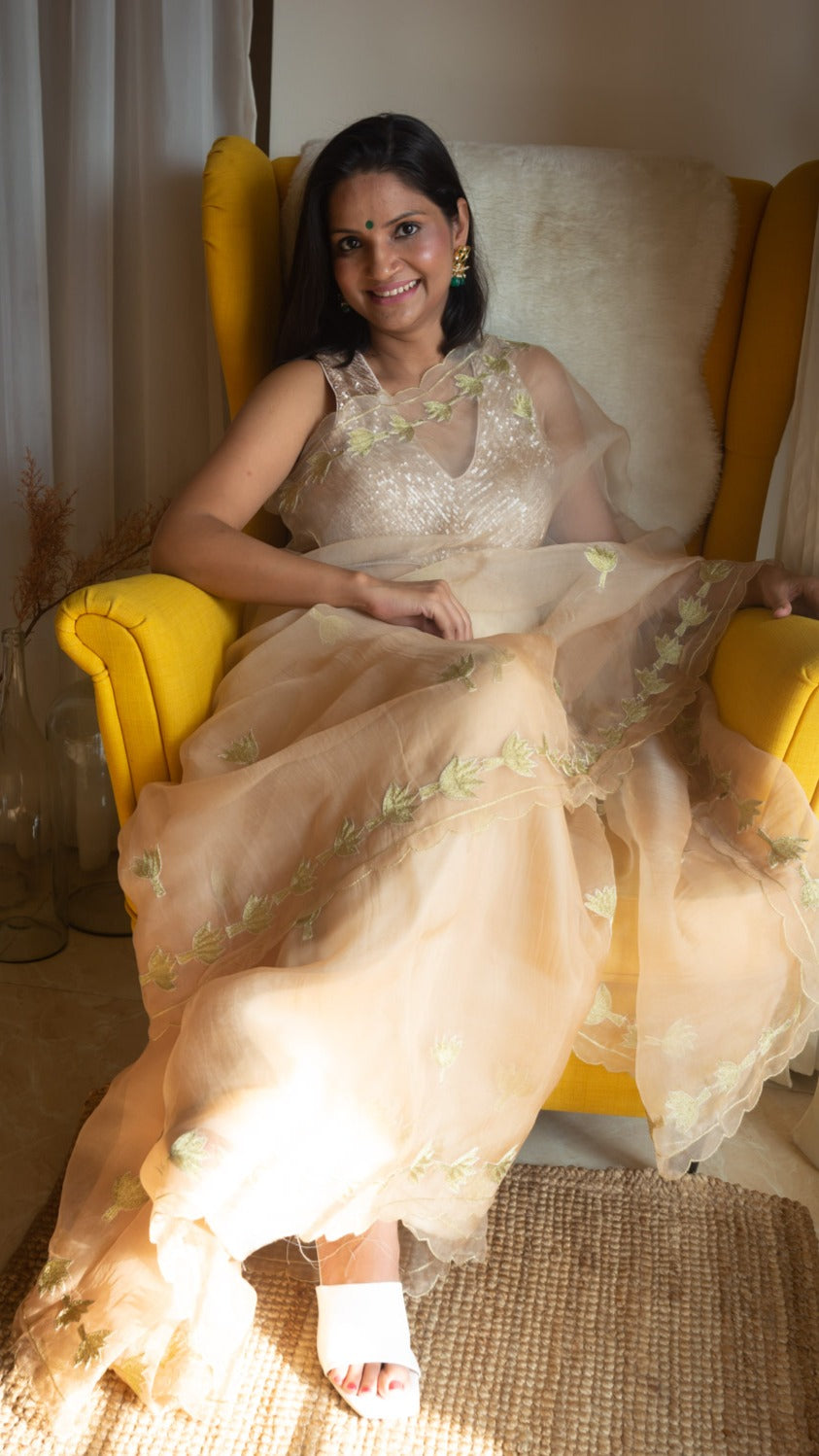 Beige ombre pure organza silk saree with tilla hand embroidery - 1