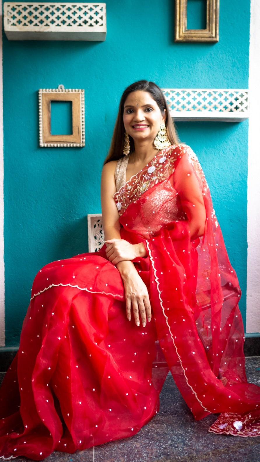 red khwabeeda saree : Pure organza silk saree with zardozi and resham hand embroidery - 3