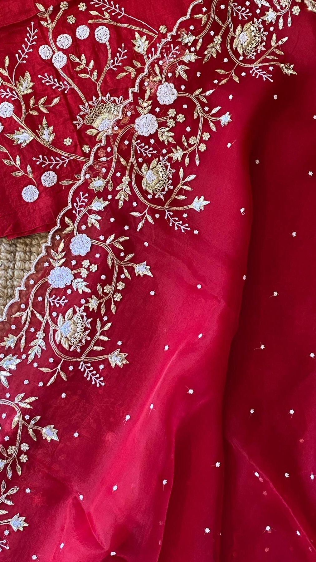 red khwabeeda saree : Pure organza silk saree with zardozi and resham hand embroidery - 1