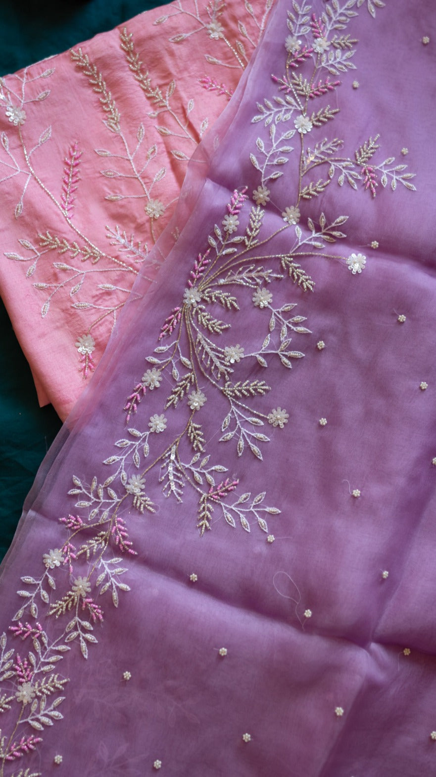 Lavender Marjaan : Pure organza silk saree with pearl and sequins hand embroidery - 1