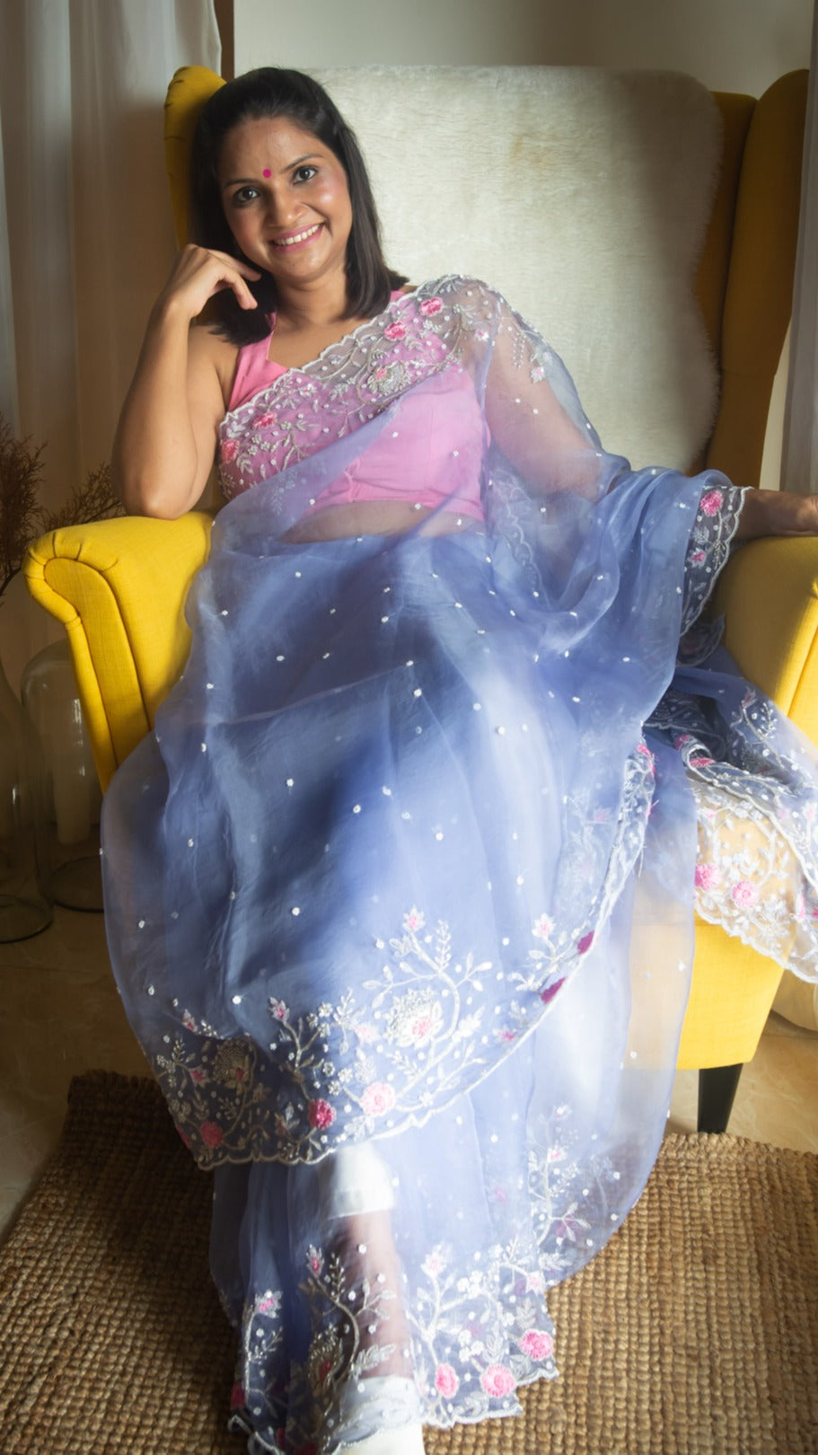 Perwinkle Sadabahar : Pure organza silk saree with zardozi and resham hand embroidery - 4