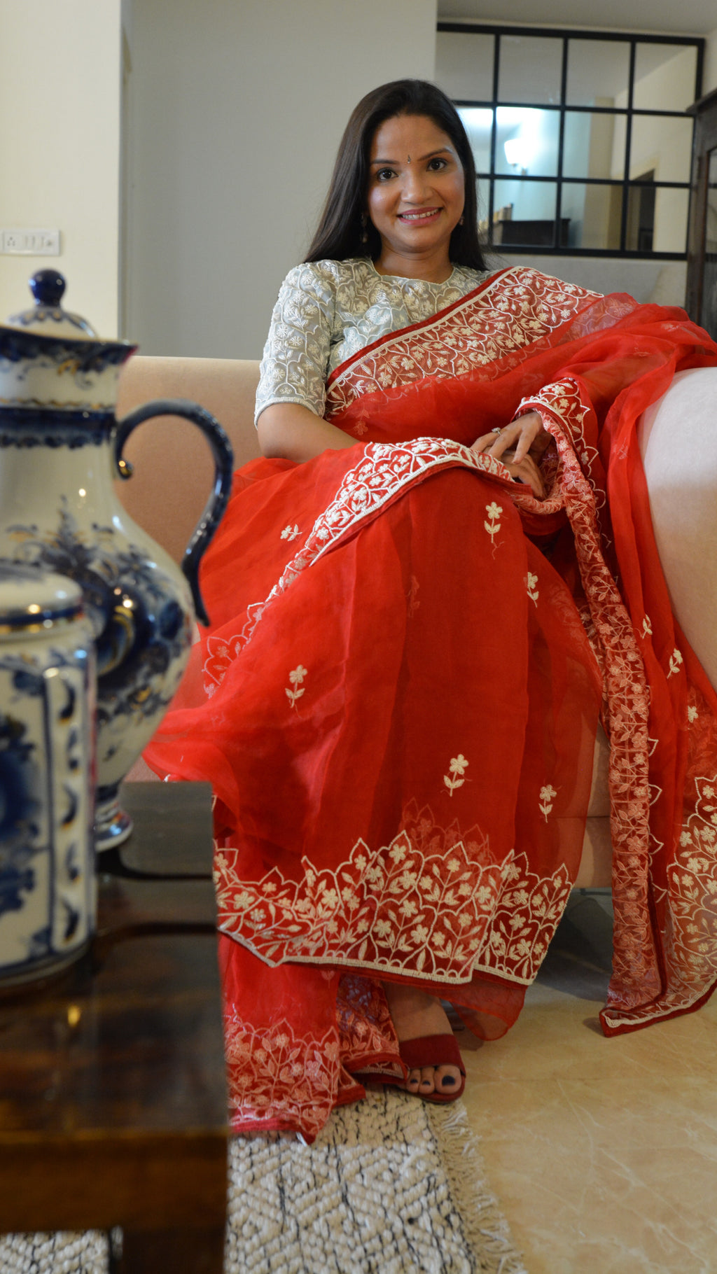 Lal jharokha : Pure organza silk saree with pearl hand embroidery - 1