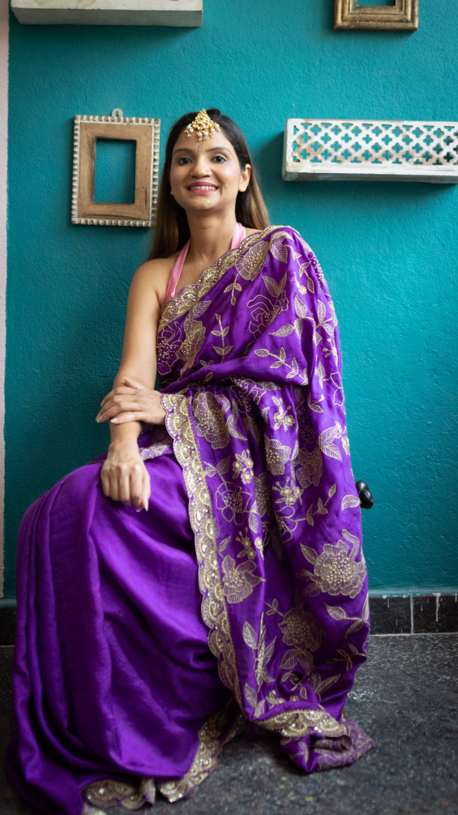 Purple Ketaki Saree: Pure mulberry silk saree with Aari and cut dana hand embroidery - 3
