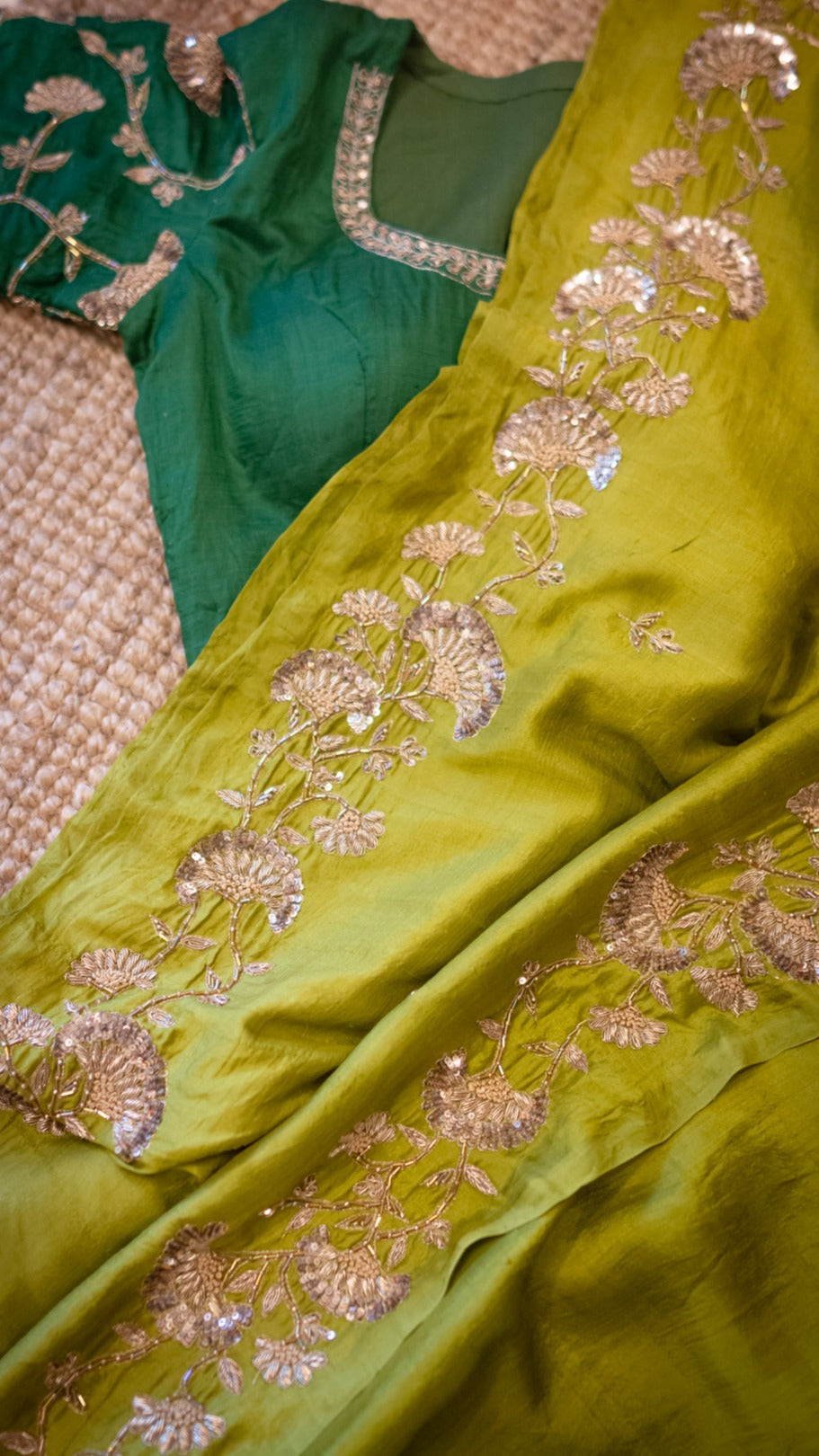 Neisha olive green saree with zardozi hand embroidery - 1
