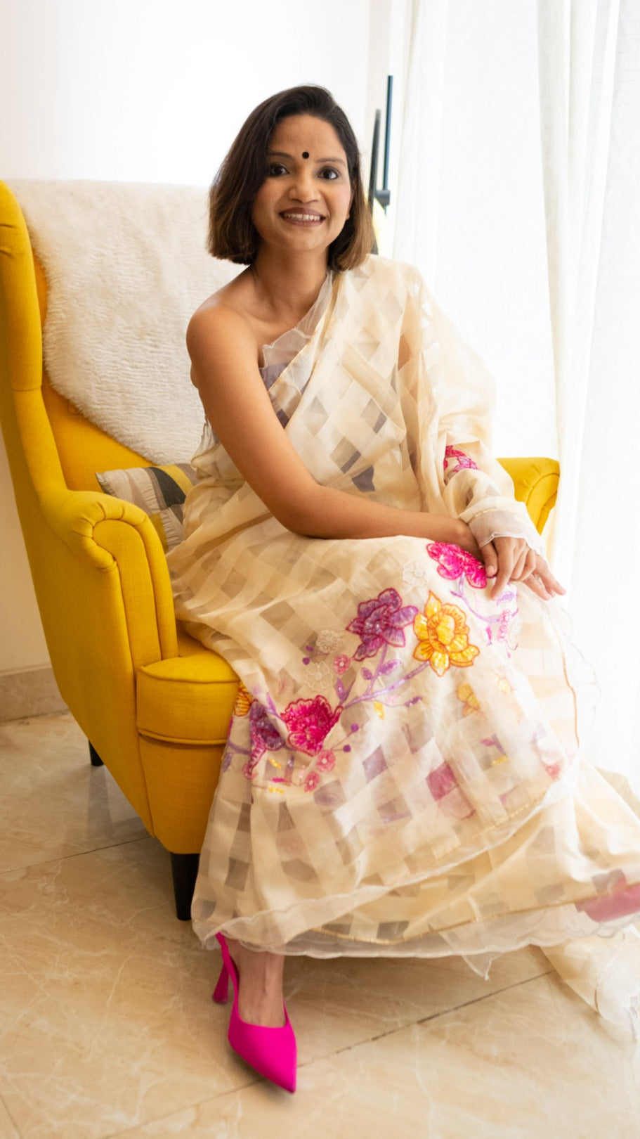Pure silk checked organza with resham, cutdana and sequins hand embroidery. - 1