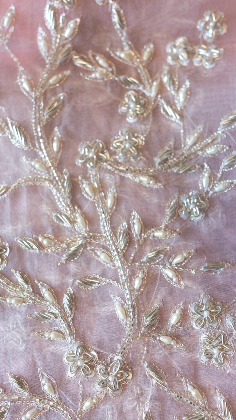 Pink ayana : Pink pure organza silk saree with zardozi pearl and cutdana hand embroidery - 2