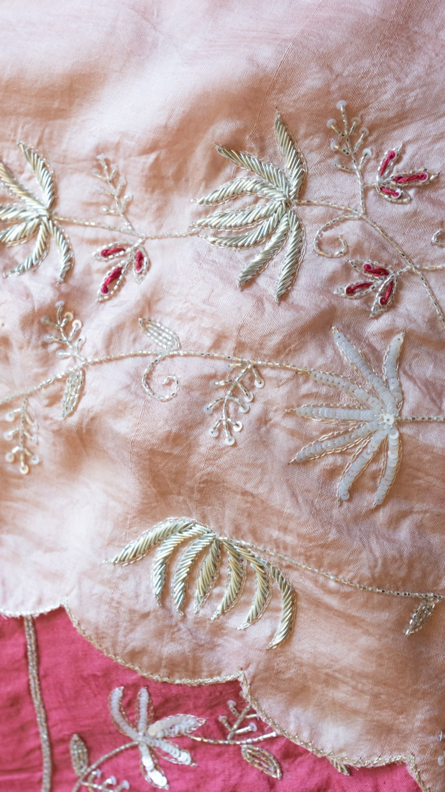 Peach Pankaja : Pure mulberry silk saree with zardozi , cutdana and sequins hand embroidery. - 2