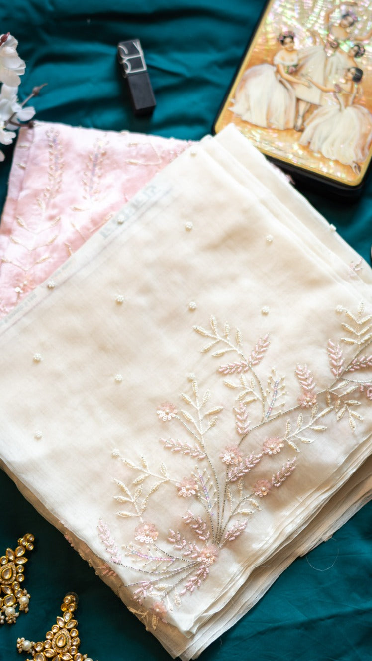 Off White Marjaan : Pure organza silk saree with pearl and sequins hand embroidery - 1