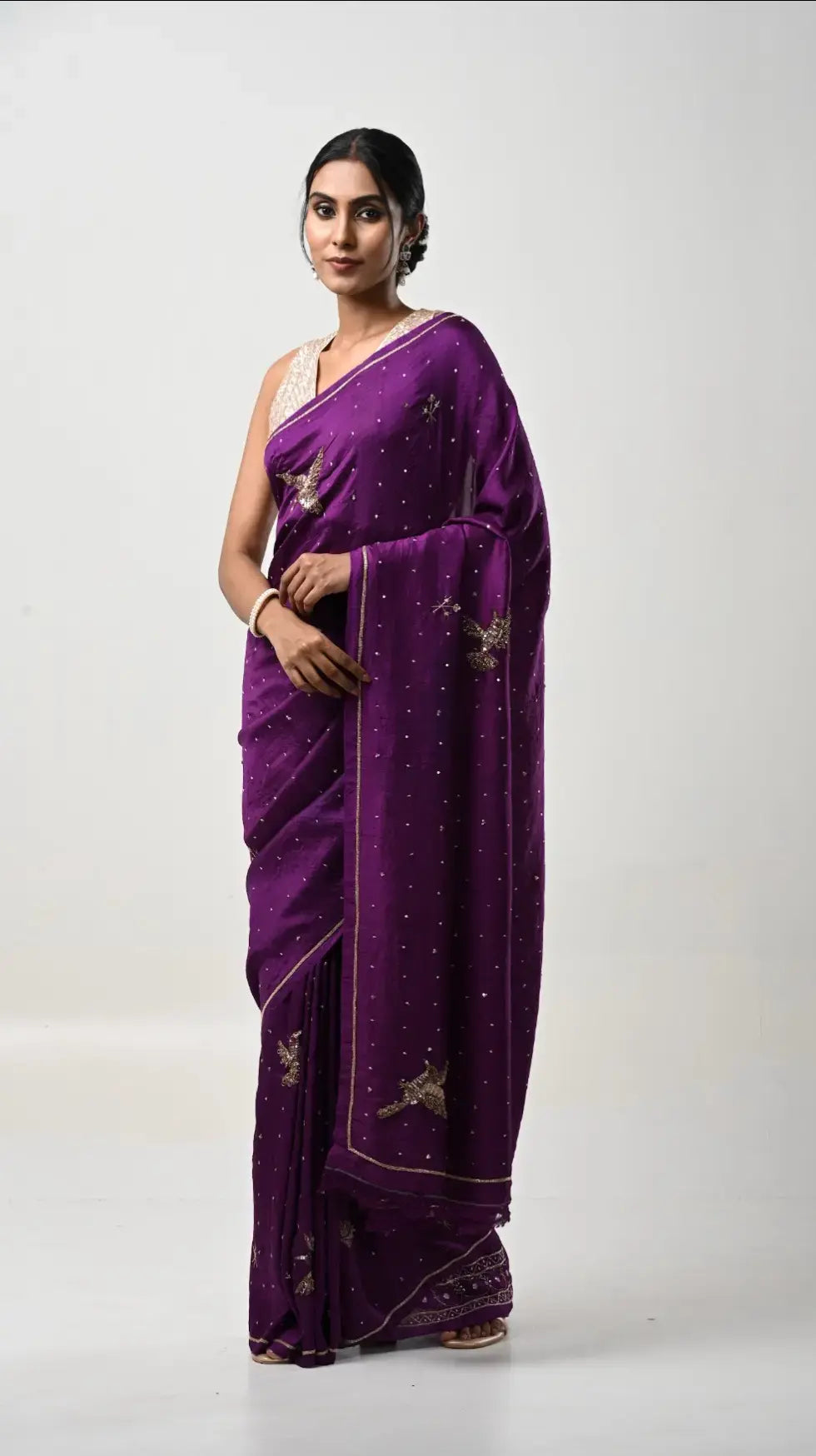Bird saree: Purple pure mulberry silk saree with zardozi hand embroidery  - 2