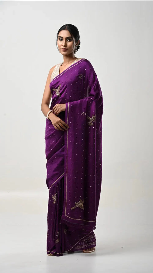 Bird saree: Purple pure mulberry silk saree with zardozi hand embroidery  - 2