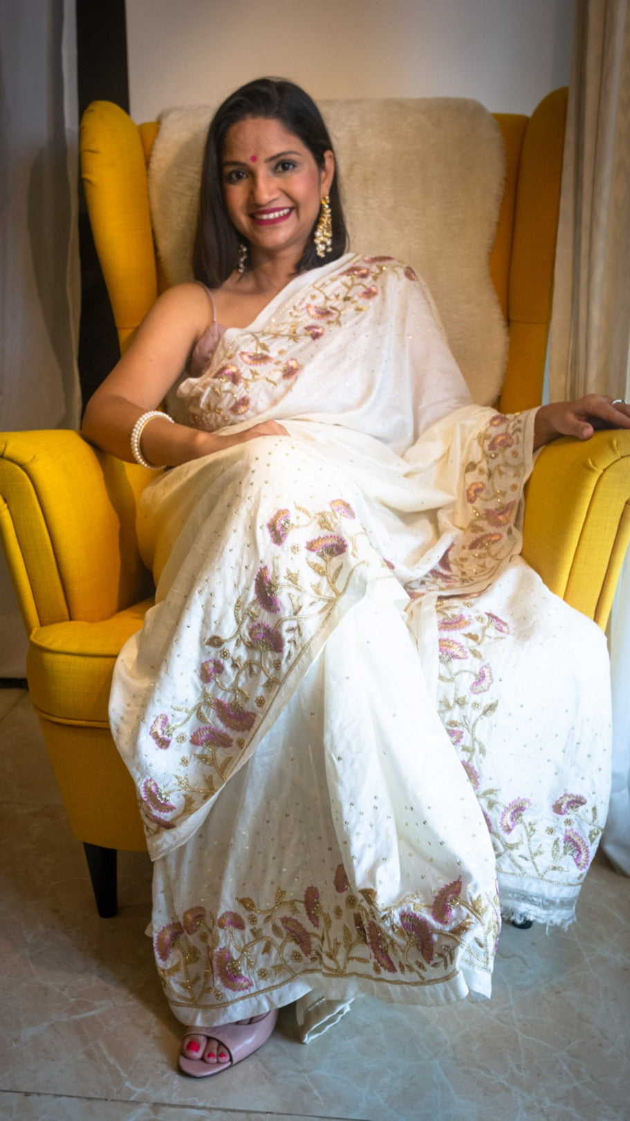 Off white Noor saree: Pure mulberry silk saree with zardozi, resham and cut dana hand embroidery - 4