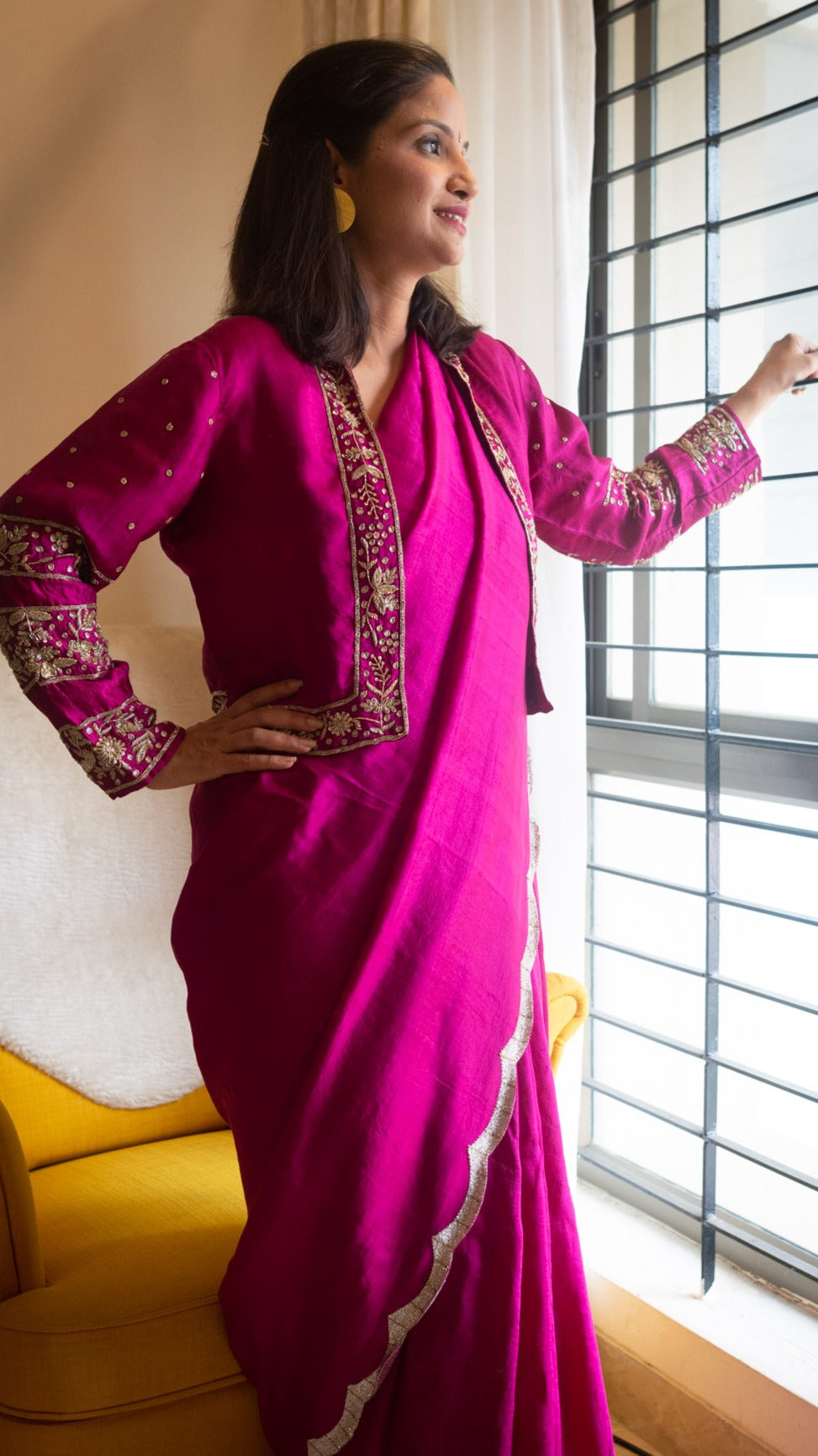 Rani Pink Crescent : Pure mulberry silk saree with cutdana hand embroidey - 2