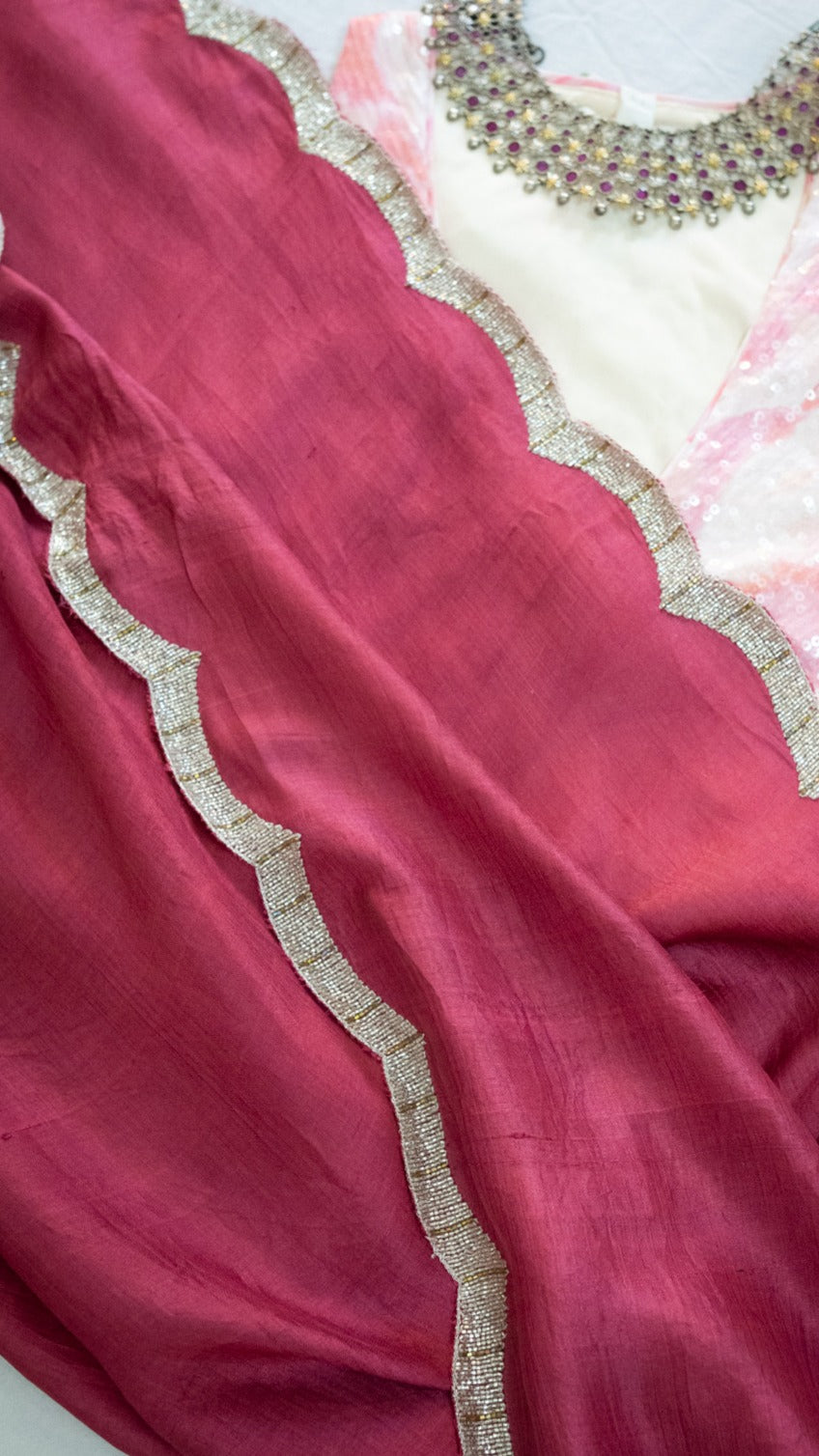 Rouge Pink Crescent : Pure mulberry silk saree with cutdana hand embroidery - 1