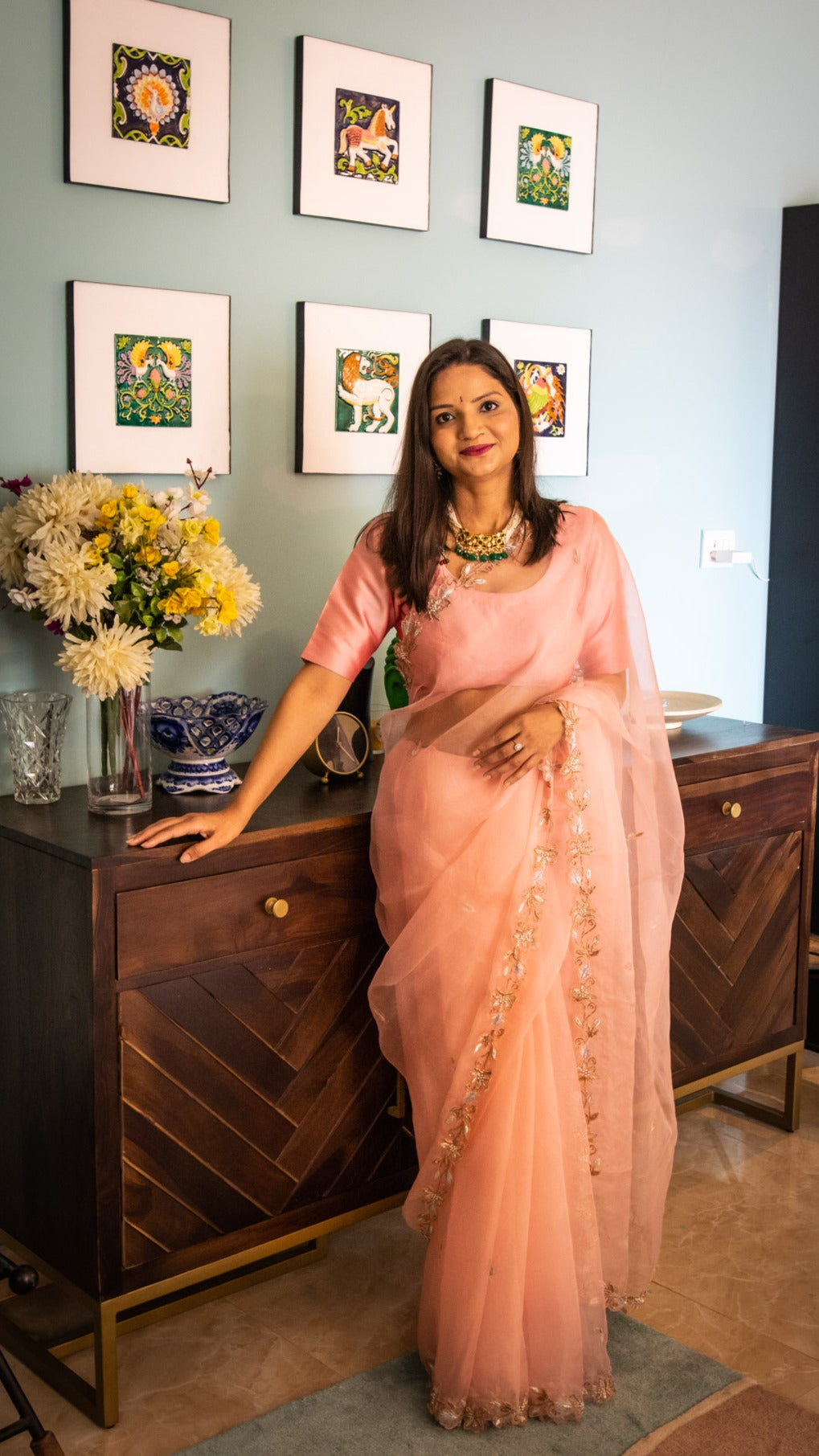 Peach Apala saree: Pure organza silk saree with zardozi hand embroidery - 1