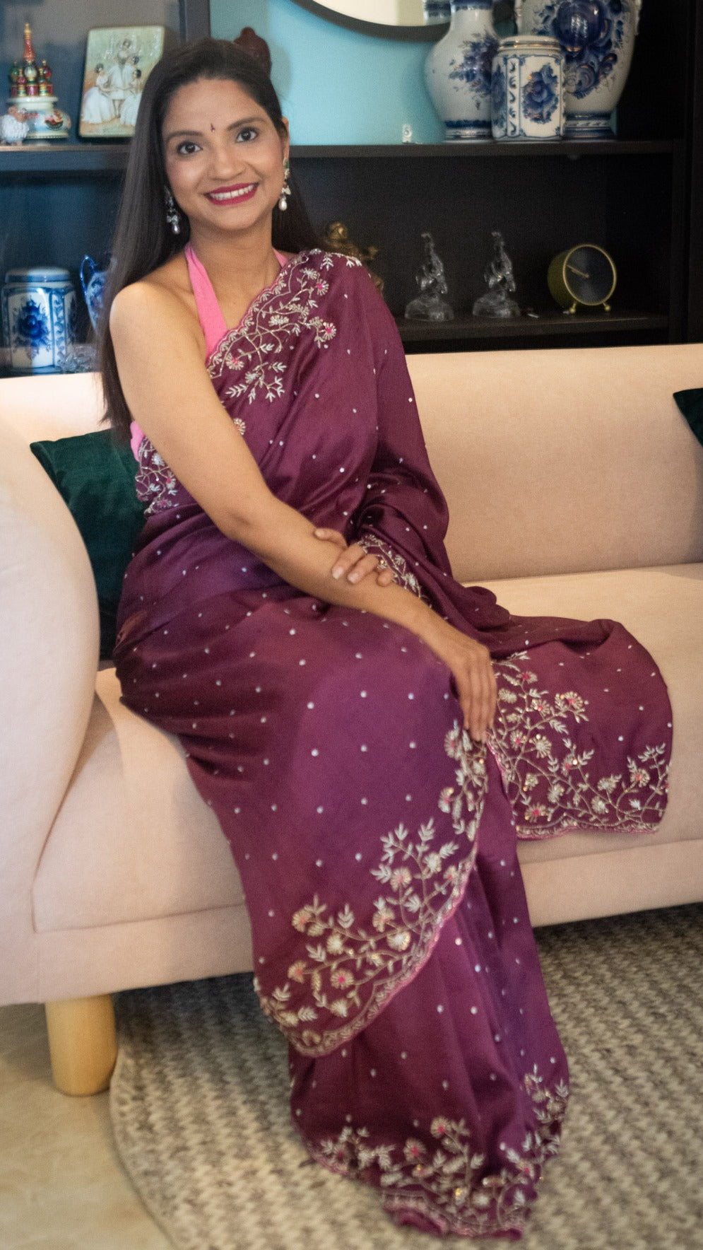 Plum Kasani : Pure mulberry silk saree with pearl and cutdana hand embroidery - 2